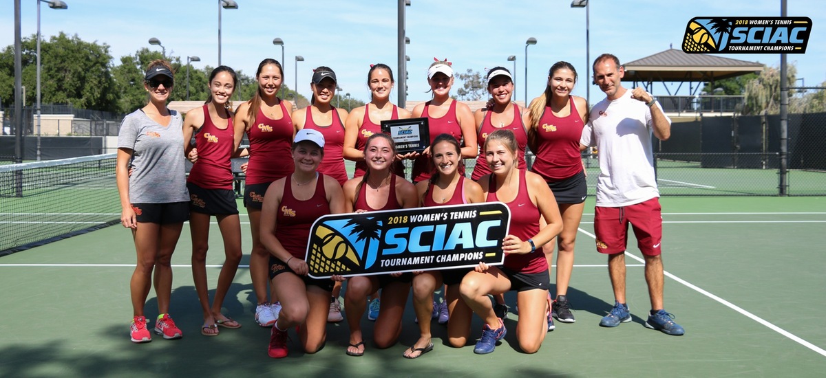 Athenas celebrate after winning the 2018 SCIAC Tournament with a 5-0 sweep of Pomona-Pitzer