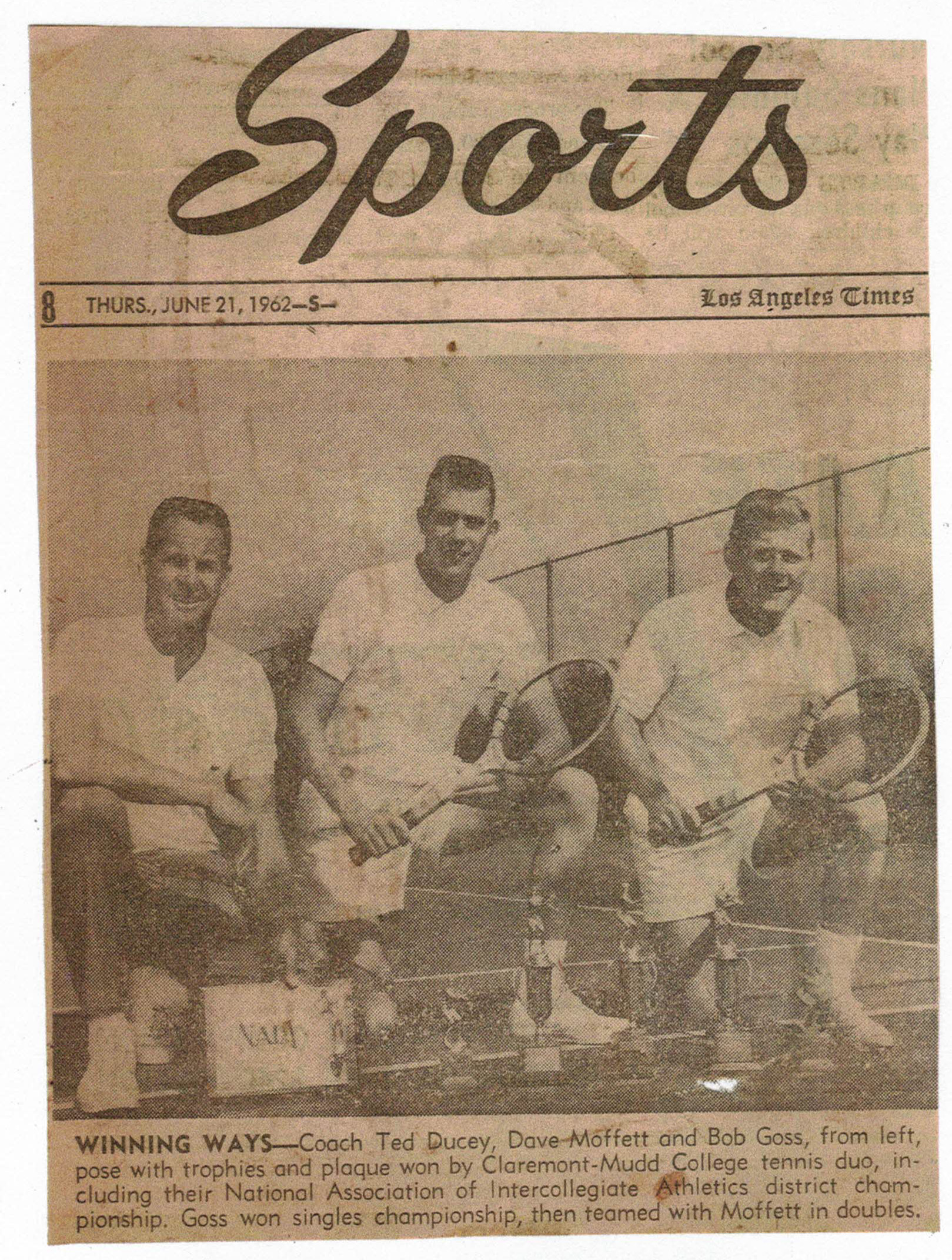 LA Times clipping with a photo of Head Coach Ted Ducey, Bob Goss and Dave Moffett after their 1962 NAIA District Championships