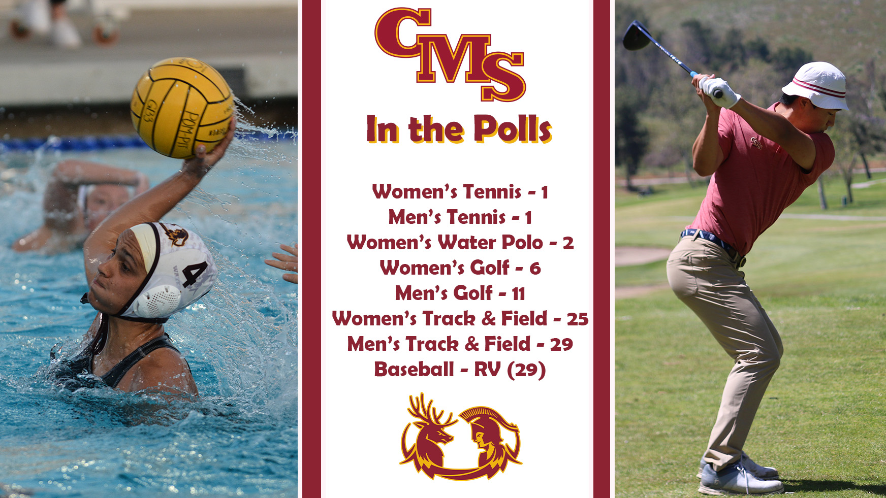 Action shots of women's water polo and men's golf with a list of the teams in the polls