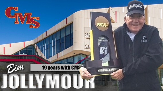 Bim Jollymour holding the 2016 national championship trophy superimposed in front of Roberts Pavilion. Text reads: Bim Jollymour, 19 years with CMS
