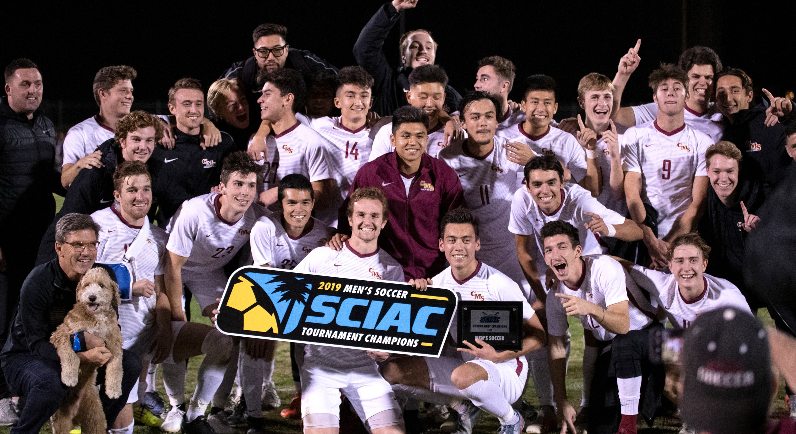 CMS men's soccer celebrating the 2019 SCIAC Tournament title