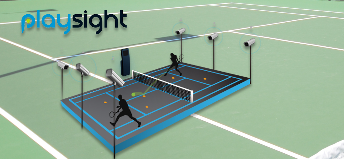 The PlaySight logo over the backdrop of tennis courts.
