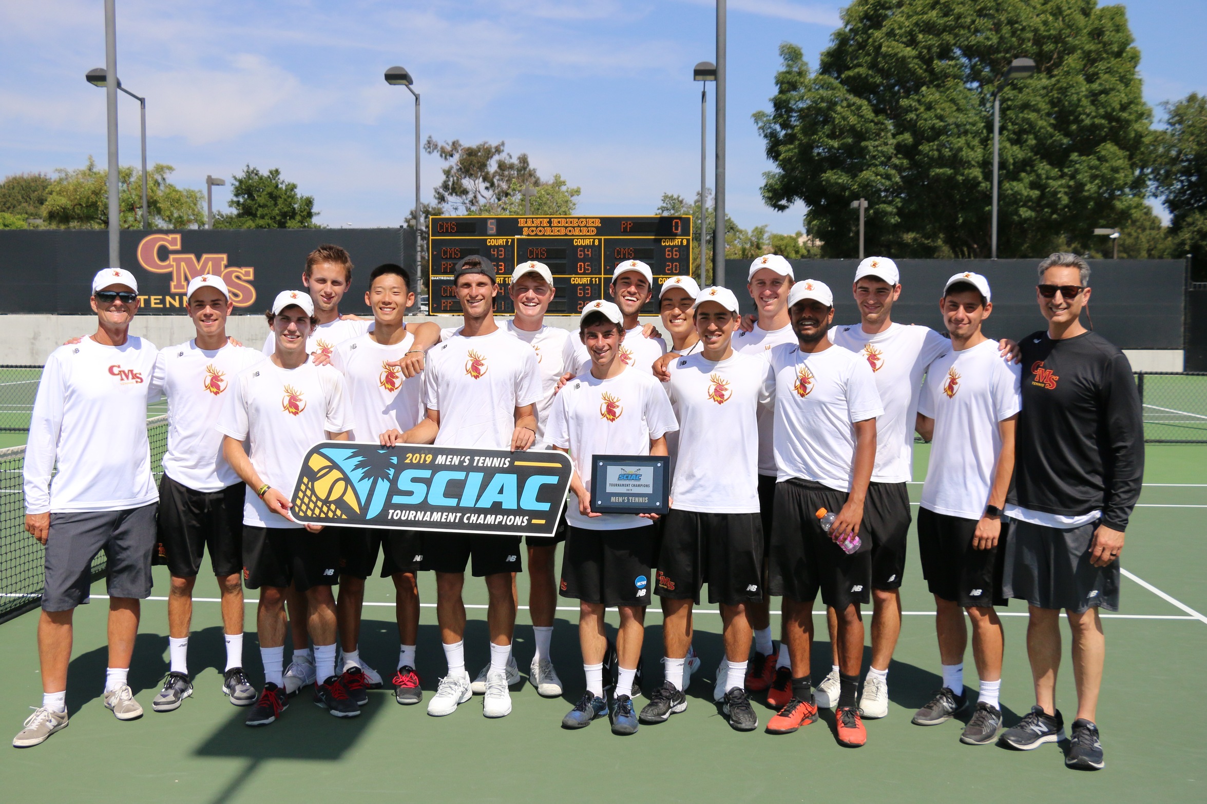 The CMS Men's Tennis team celebrates its 2019 SCIAC title
