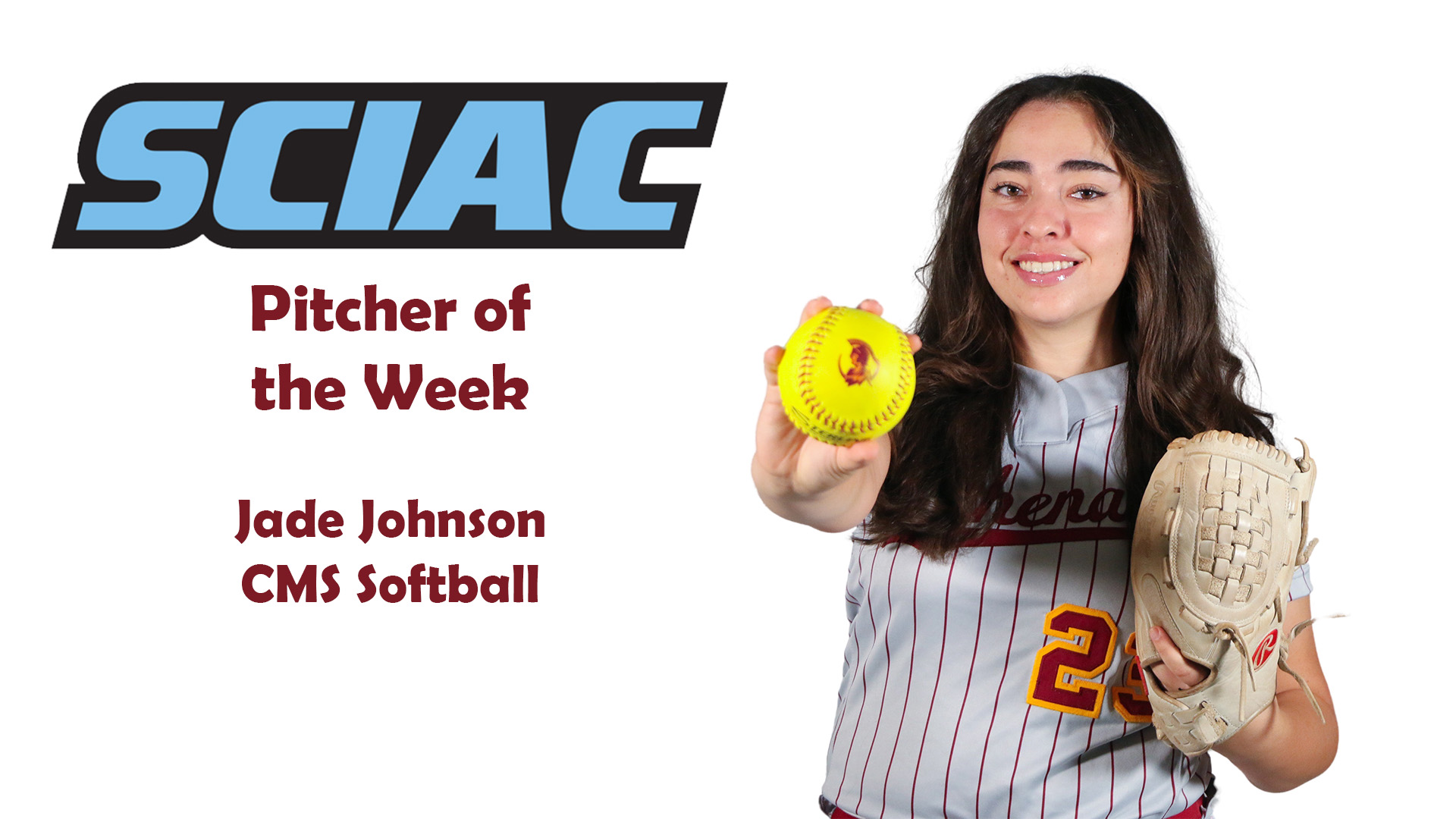 Posed shot of Jade Johnson with the SCIAC logo