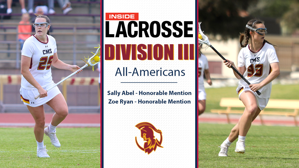 Action shots of Sally Abel (left) and Zoe Ryan (right). An Inside Lacrosse logo is down the middle, along with the words Division III All-Americans, Sally Abel - honorable mention, Zoe Ryan - honorable mention