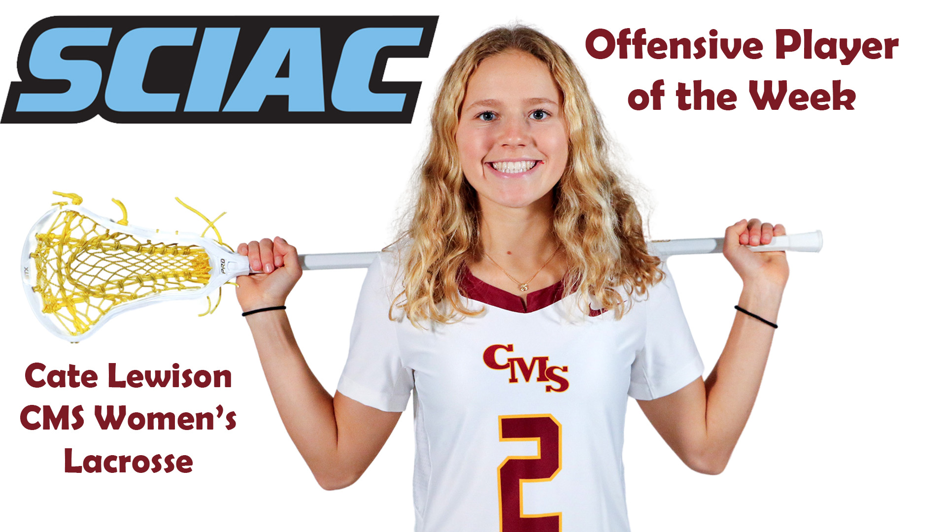 Posed shot of Cate Lewison with SCIAC logo