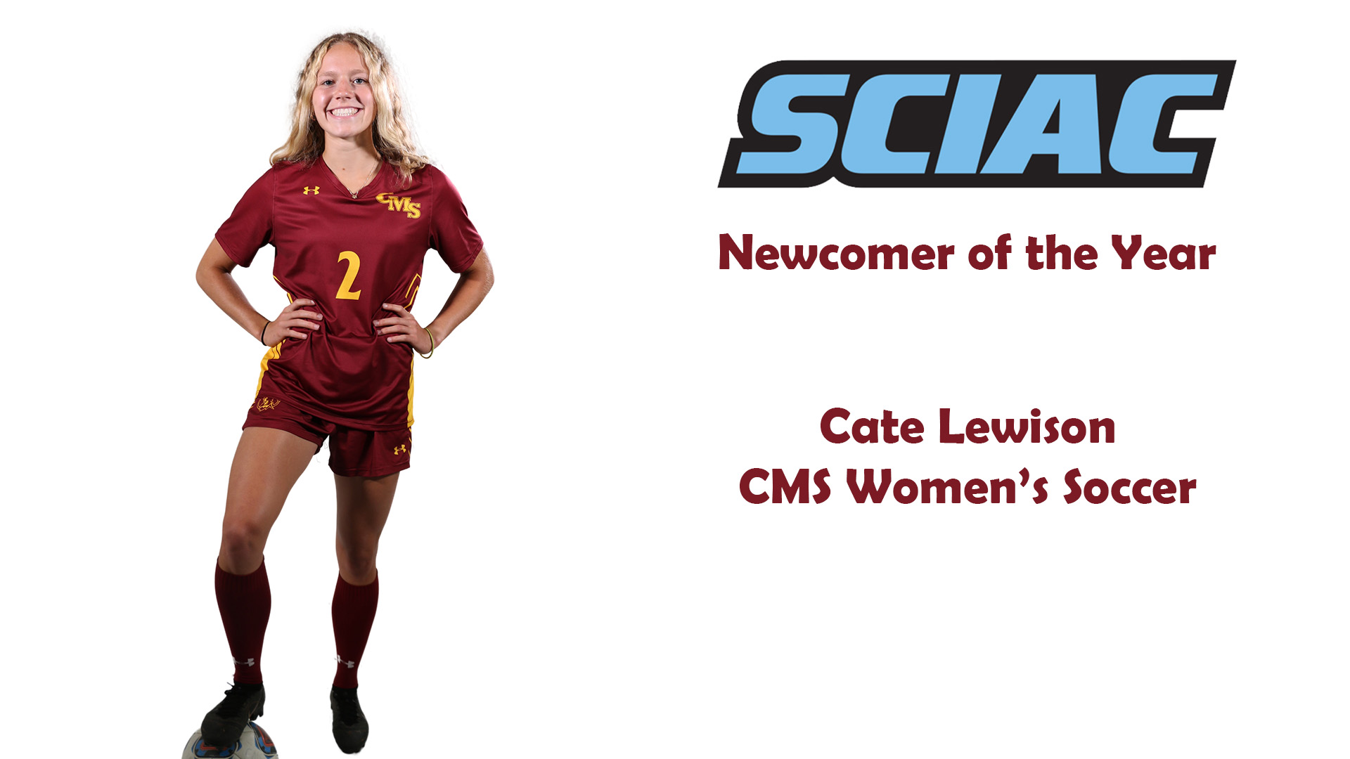 Posed shot of Cate Lewison with the SCIAC logo