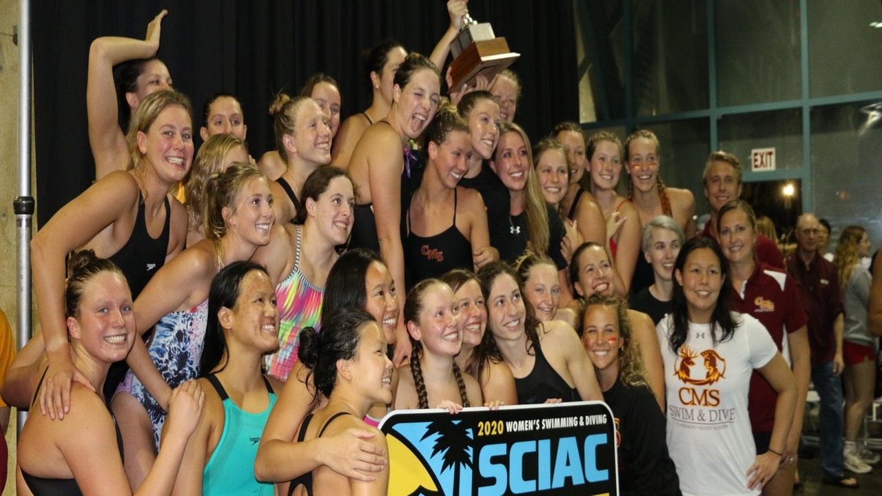 CMS Women's Swimming and Diving celebrating the SCIAC Championship