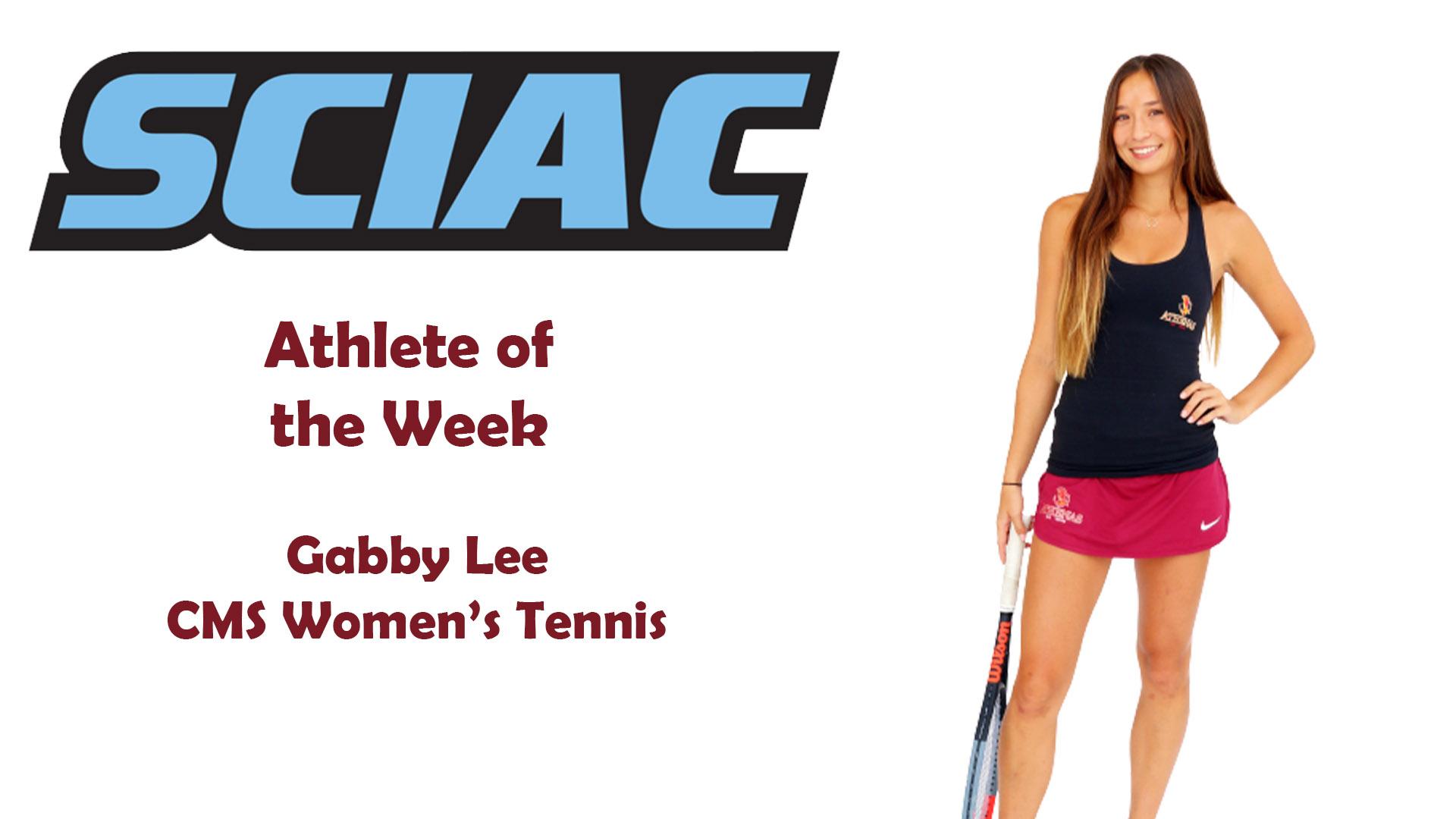 Posed shot of Gabby Lee with the SCIAC logo