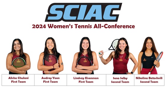 posed shots of the five All-SCIAC winners with the league logo