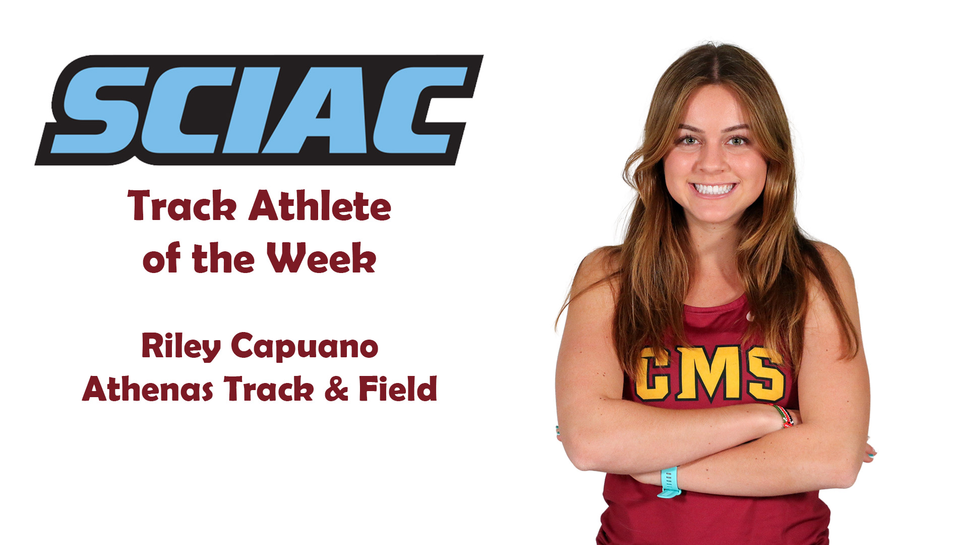posed shot of Riley Capuano with the SCIAC logo