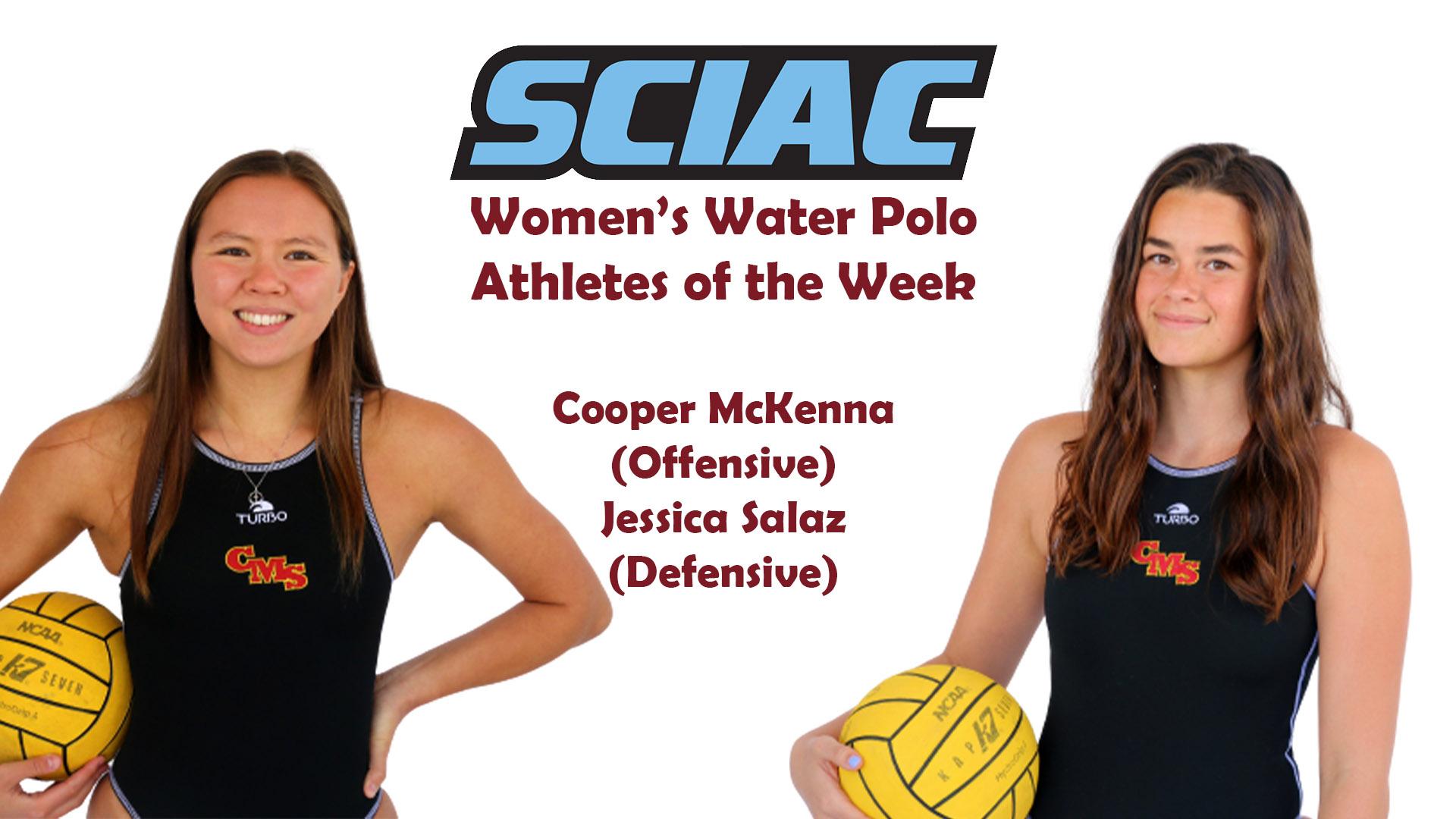 Posed shots of Cooper McKenna and Jessica Salaz with the SCIAC logo