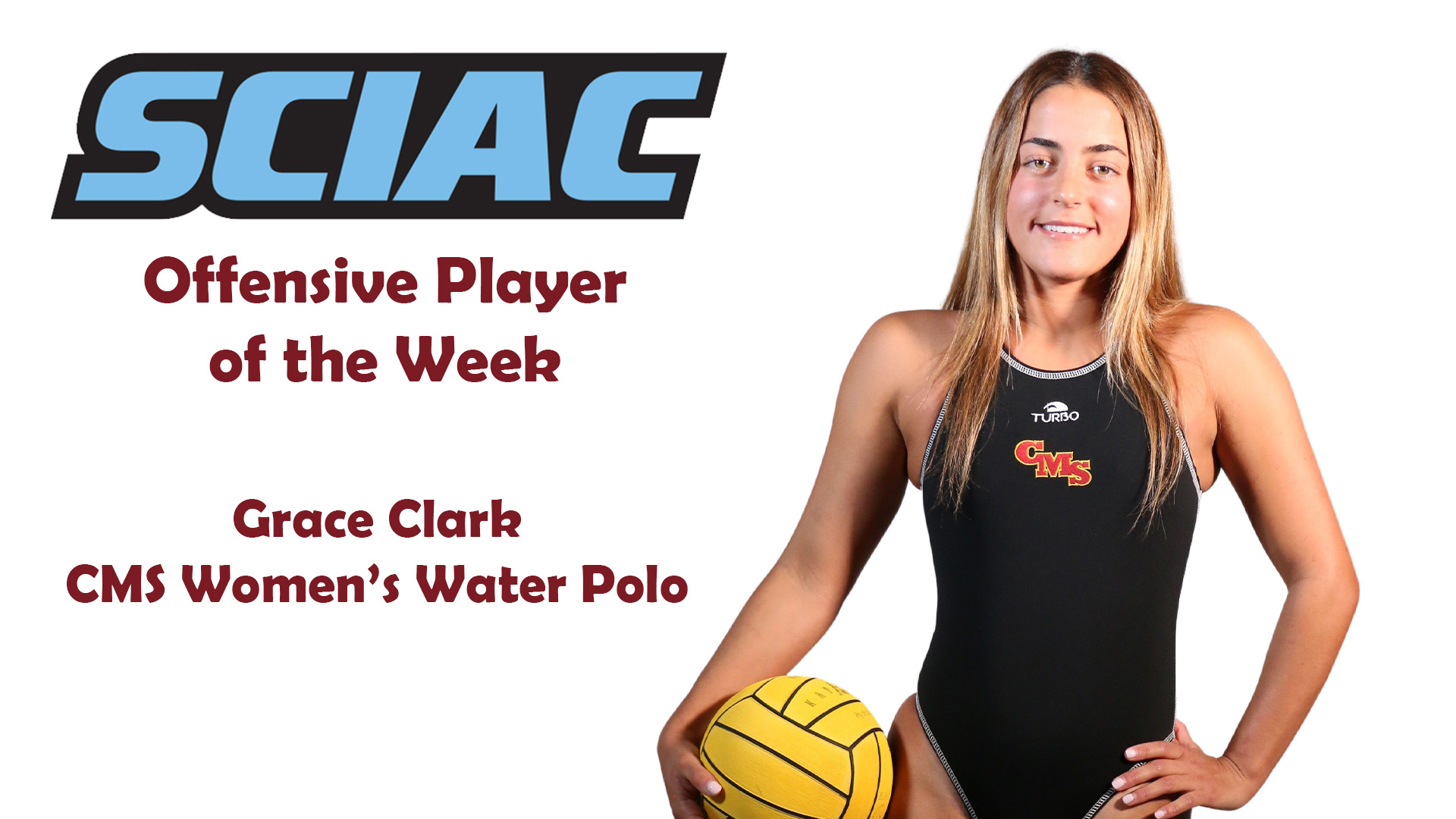 Posed shot of Grace Clark with SCIAC logo