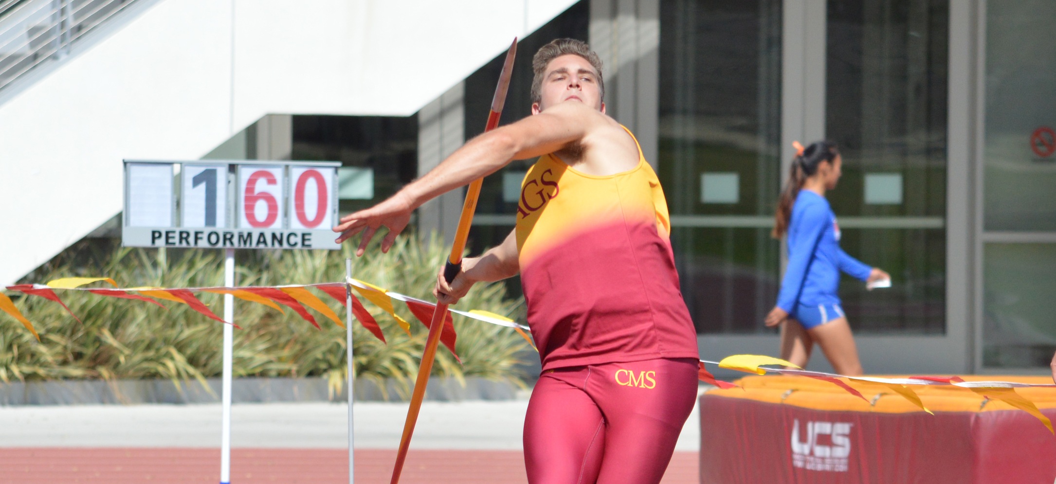 Connor Schulz (CMC) set a new personal record in the javelin throw. (photo credit: Hannah Graves)