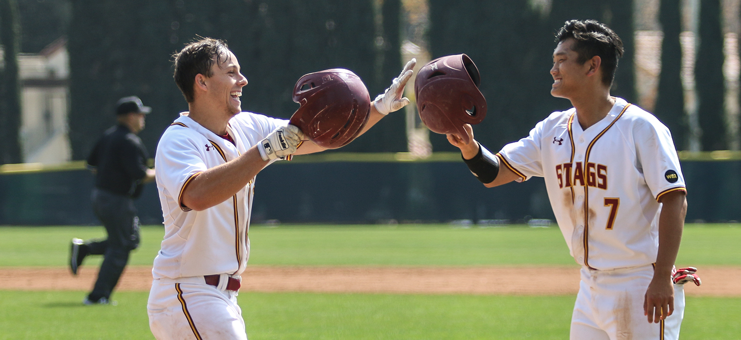 Chase Eller and Kevin Nakahara celebrate one of Eller's three home runs on Saturday. (photo credit: Alisha Alexander)
