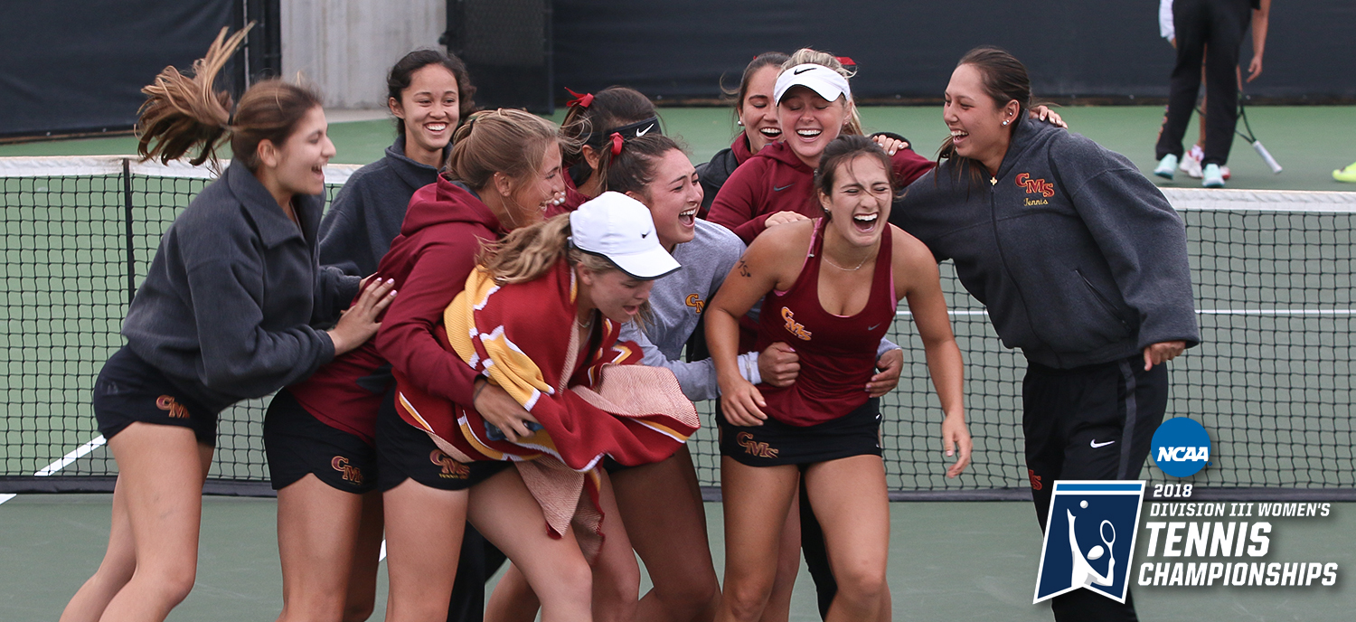 The Athenas celebrate with Rebecca Berger after she won the clinching match at No. 5 singles that sent the Athenas to the National Championship Match. (photo credit: Alisha Alexander)