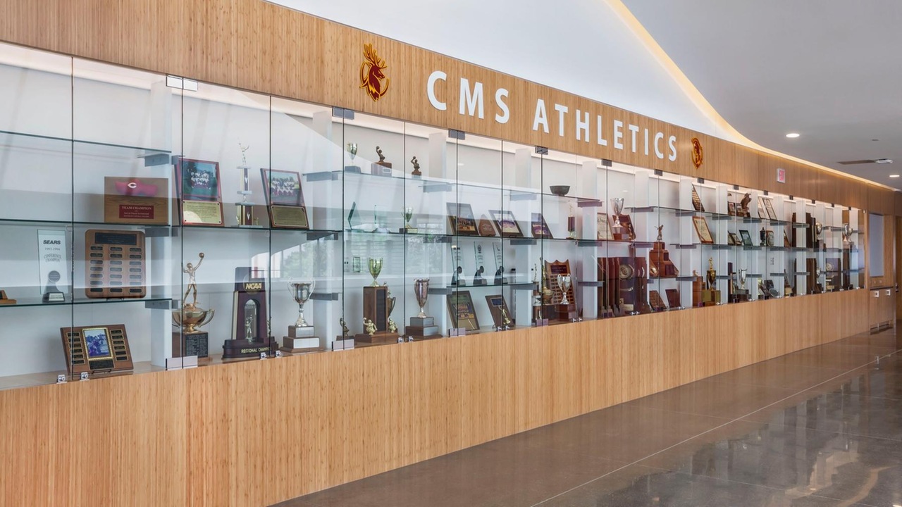 CMS Trophy Case inside Roberts Pavilion