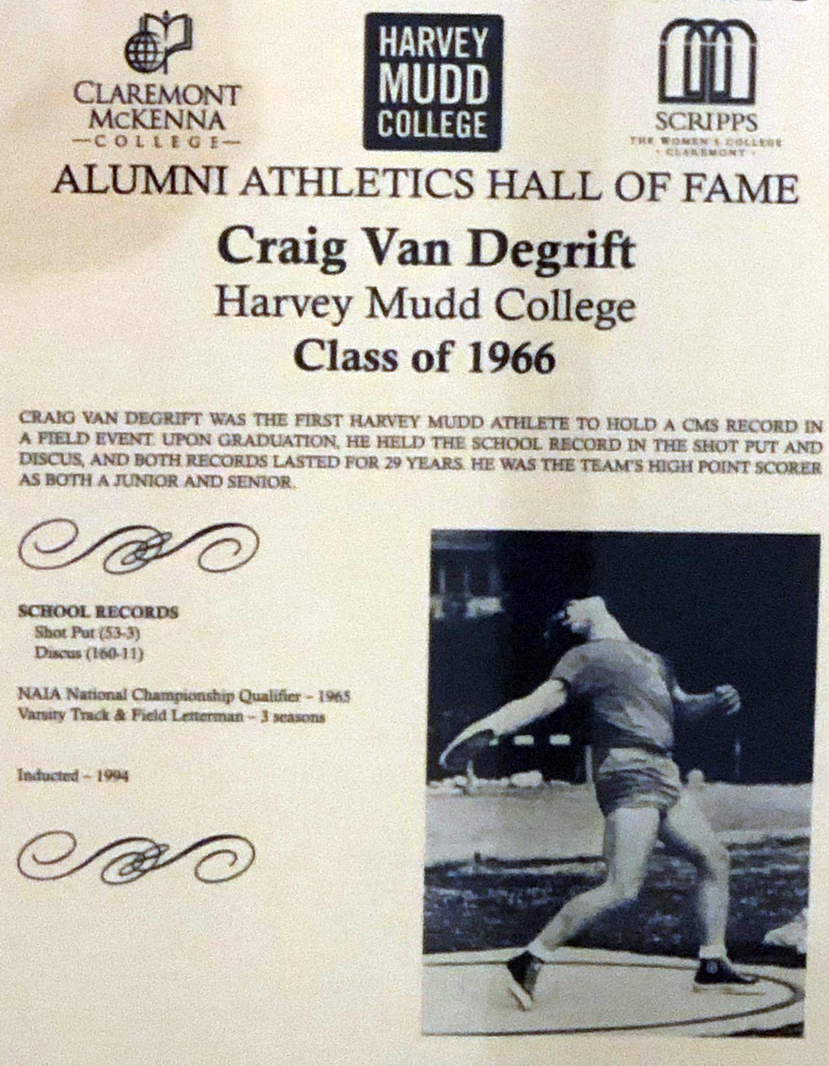 Craig Van Degrift's Hall of Fame plaque