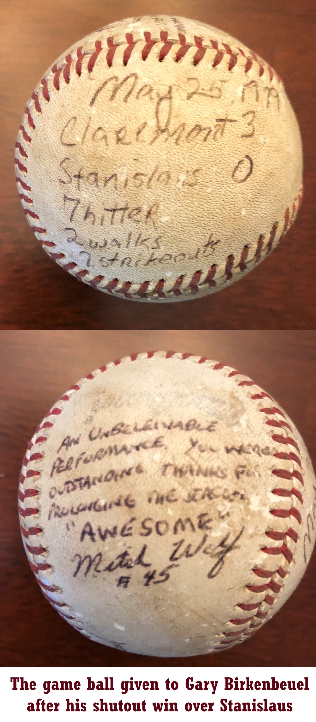 A picture of the game ball given to Gary Birkenbeuel with the date of the game printed on it: May 25, 1979. There's also a view of words written by Mitch Wolf to Gary saying: "An Unbelievable Performance. You Were Outstanding. Thanks for Prolonging the Season. Awesome. - Mitch Wolf #45"
