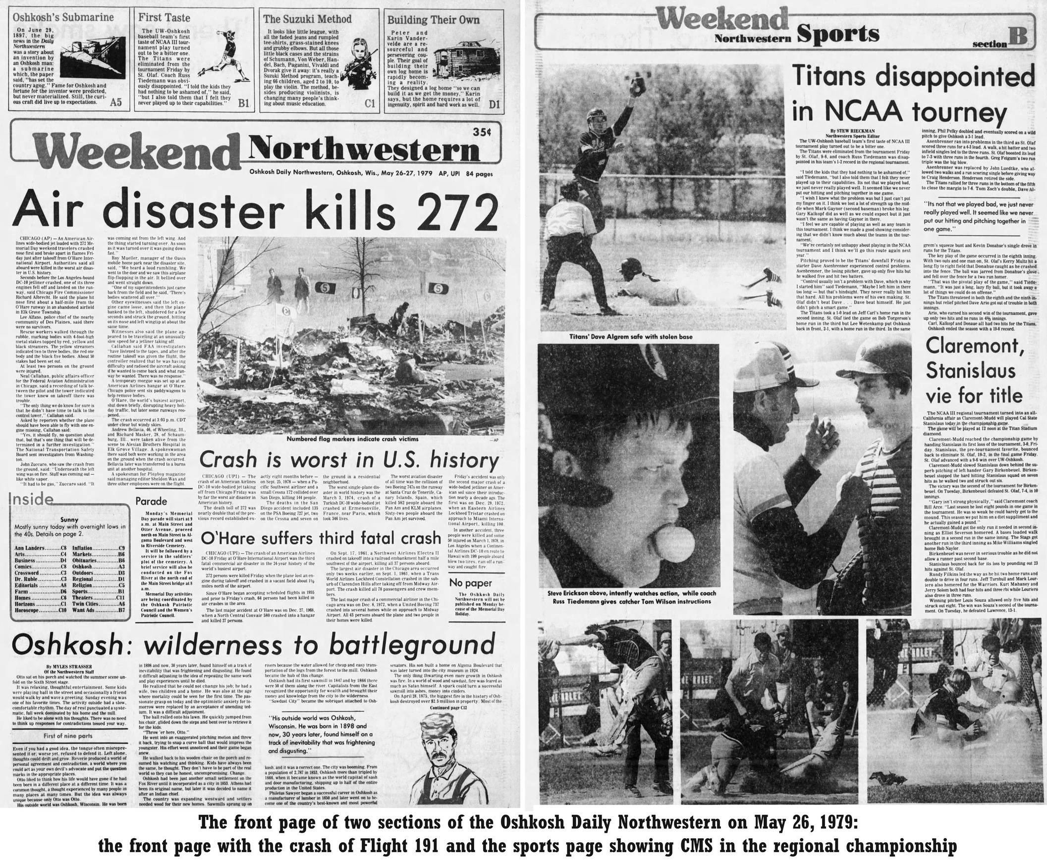 The front page of two sections of the Daily Northwestern Newspaper in Oshkosh. Page A1 shows the Flight 191 crash. Page B1 (Sports) shoes a headline: Claremont, Stanislaus Vie for Title. Newspaper is for decorative purposes.