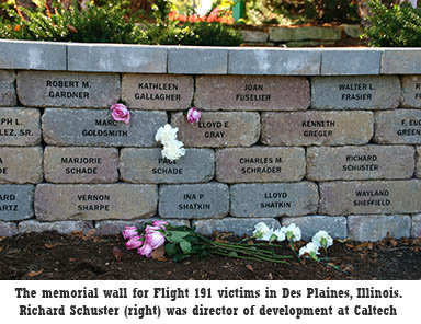 The memorial wall for Flight 191 victims in Des Plaines, Illinois