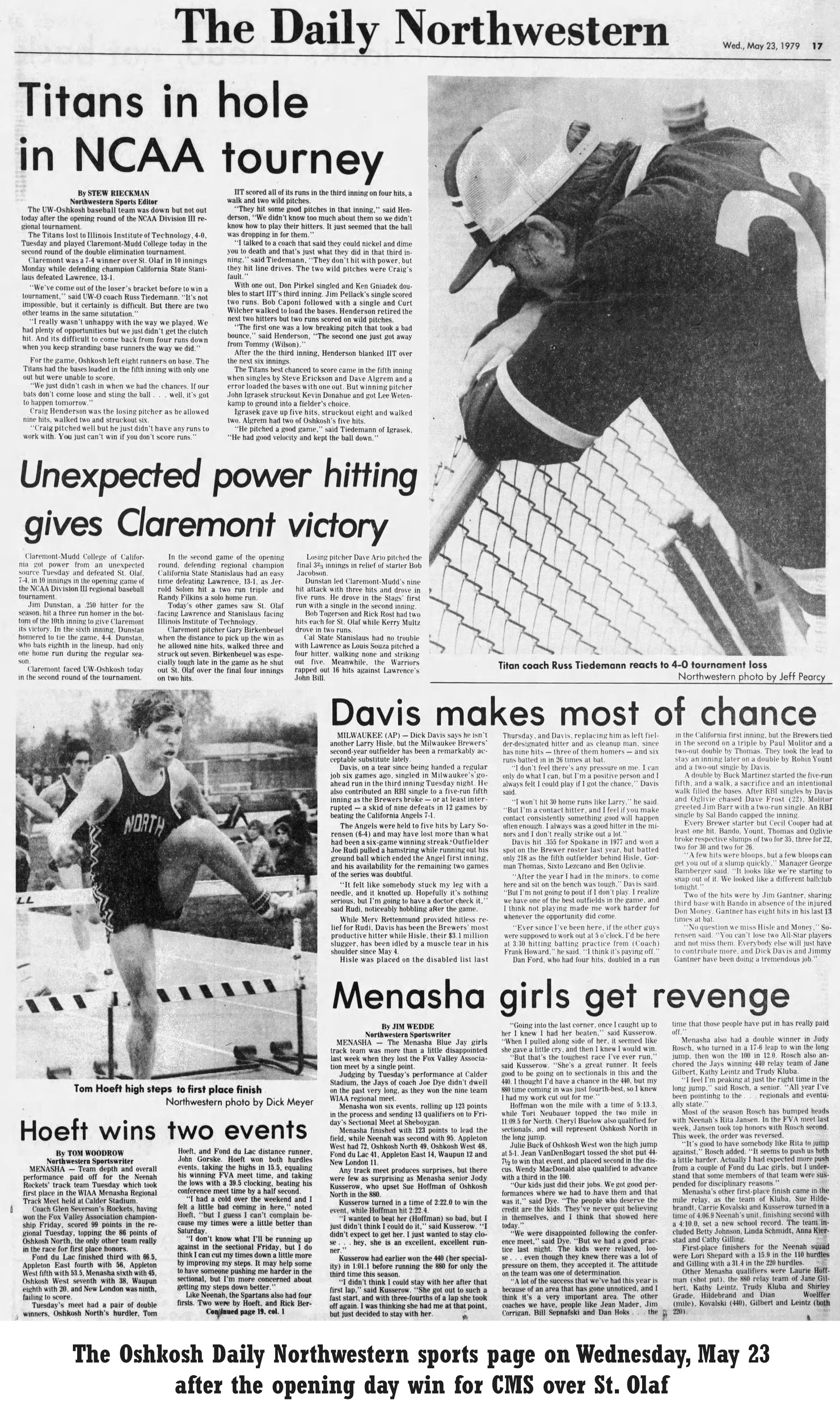 The front page of the sports section on May 23, 1979 with a headline that reads "Unexpected power hitting gives Claremont victory" (newspaper is for decorative purposes)