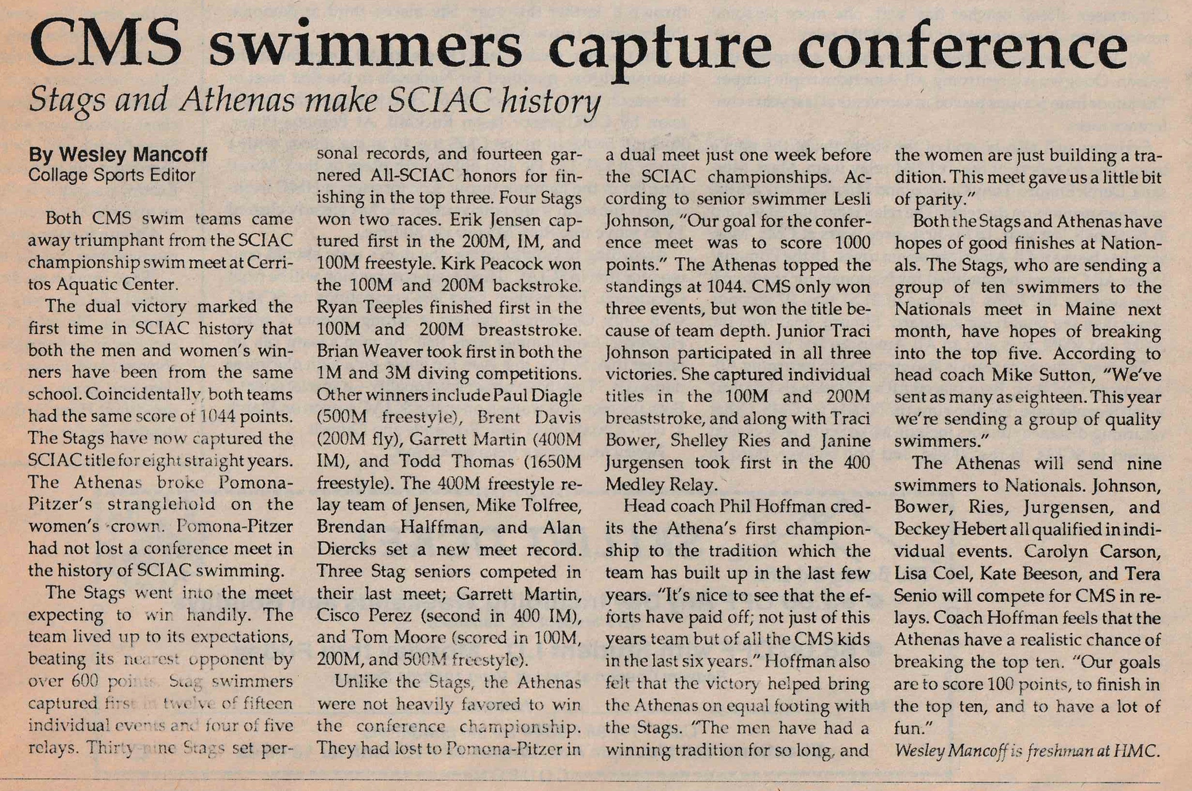 Newspaper clipping with headline "CMS Swimmers Capture Conference"