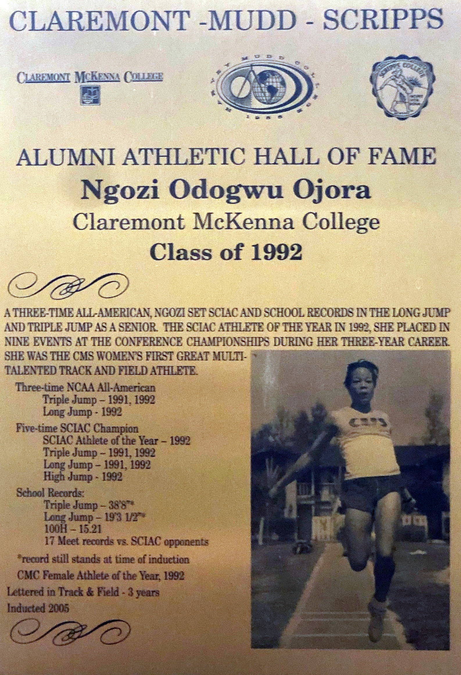 Ngozi Odugwu Hall of Fame plaque