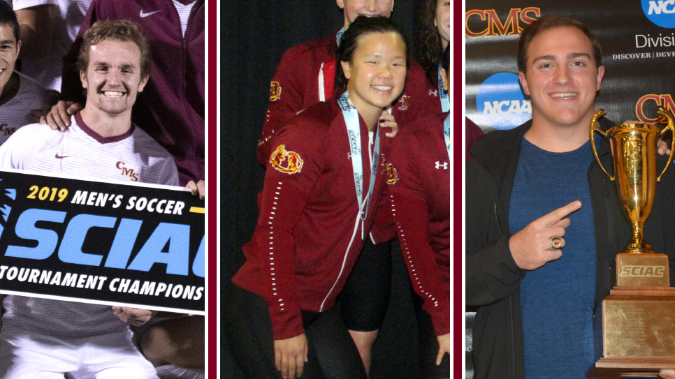 Pictures of Will Birchard, Allie Umemoto, and Nick Parise celebrating SCIAC Championships