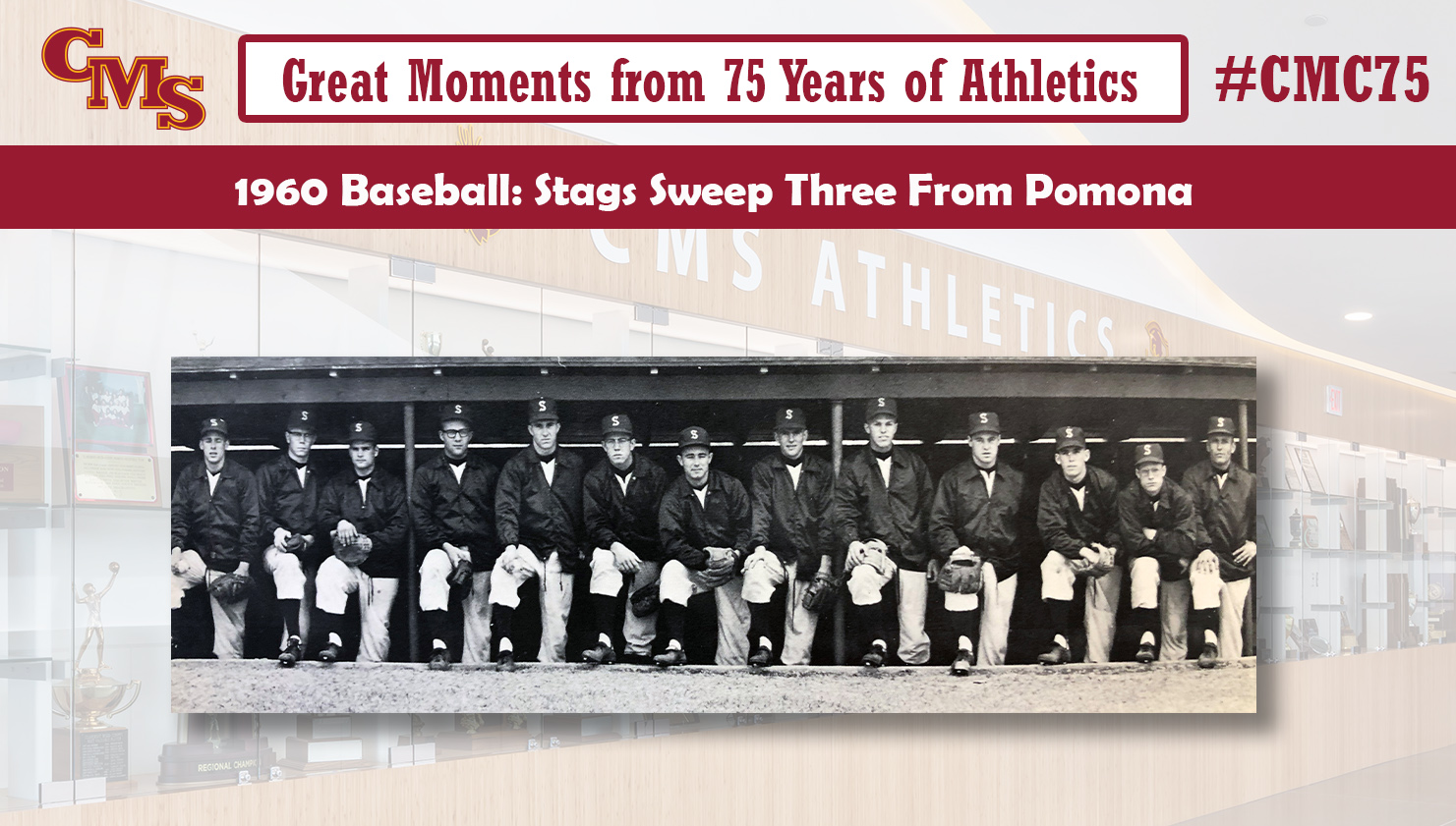 The 1960 Baseball Team poses for a team shot. Words over the photo read: Great Moments from 75 Years of Atthetics: 1960 Baseball: Stags Sweep Three From Pomona.