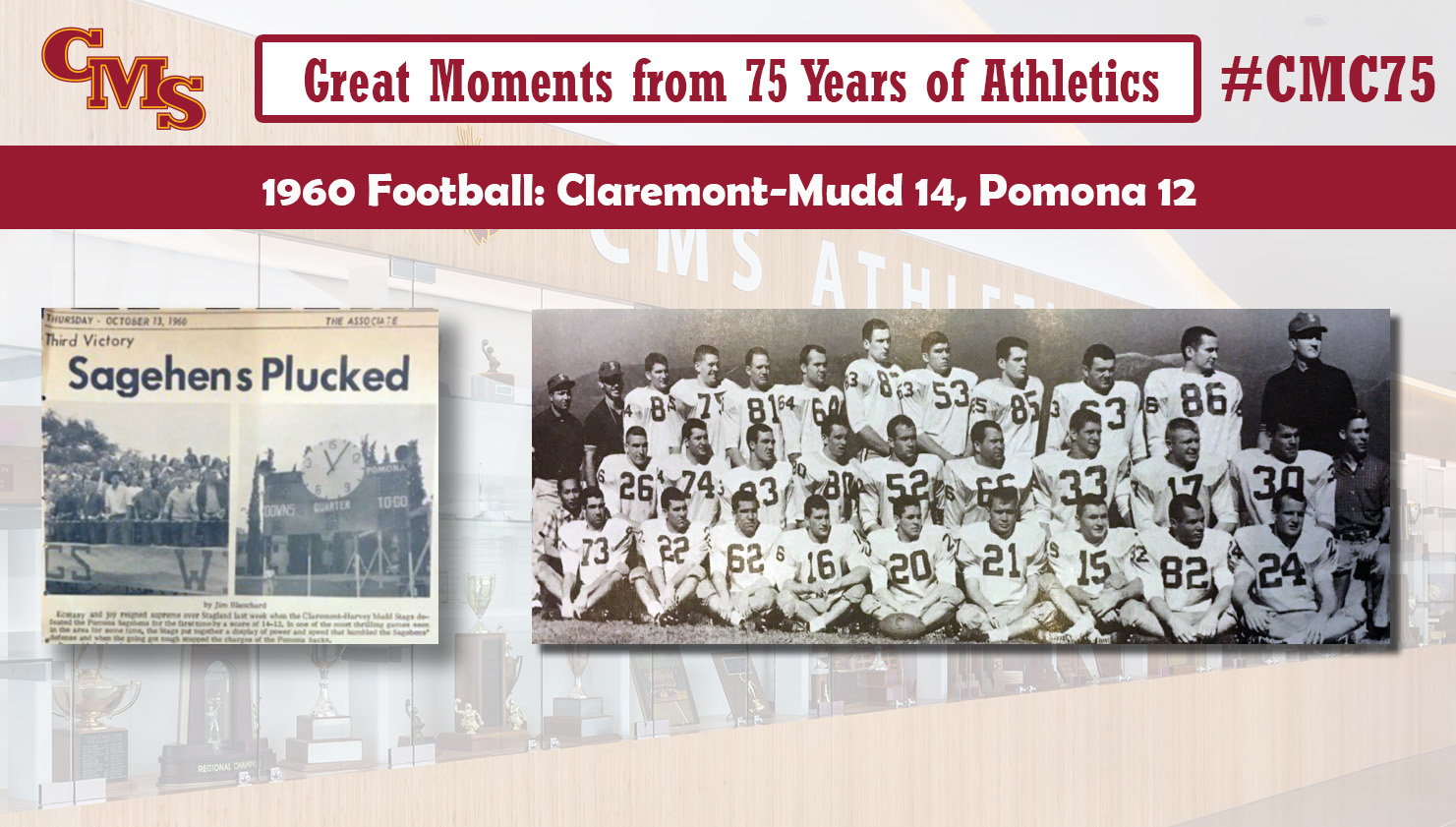 A team shot of the 1960 football team and a headline from the local paper after the game which reads 