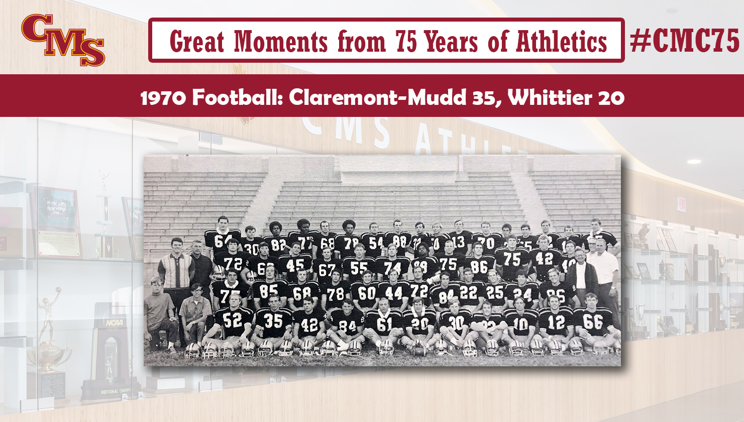 Team shot of the 1970 football team. Words over the photo read: Great Moments from 75 Years of Athletics, 1970 Football: Claremont-Mudd 35, Whittier 20