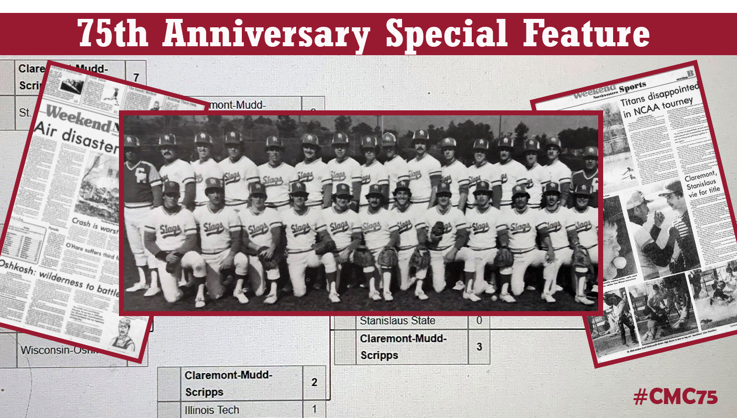 A photo of the 1979 CMS baseball team, as well as photos of the front and back page of the Oshkosh newspaper from May 26, 1979 with the front showing news of a plane crash and the back showing Claremont in the baseball championship game. Words over the photo read: 75th Anniversary Special Feature