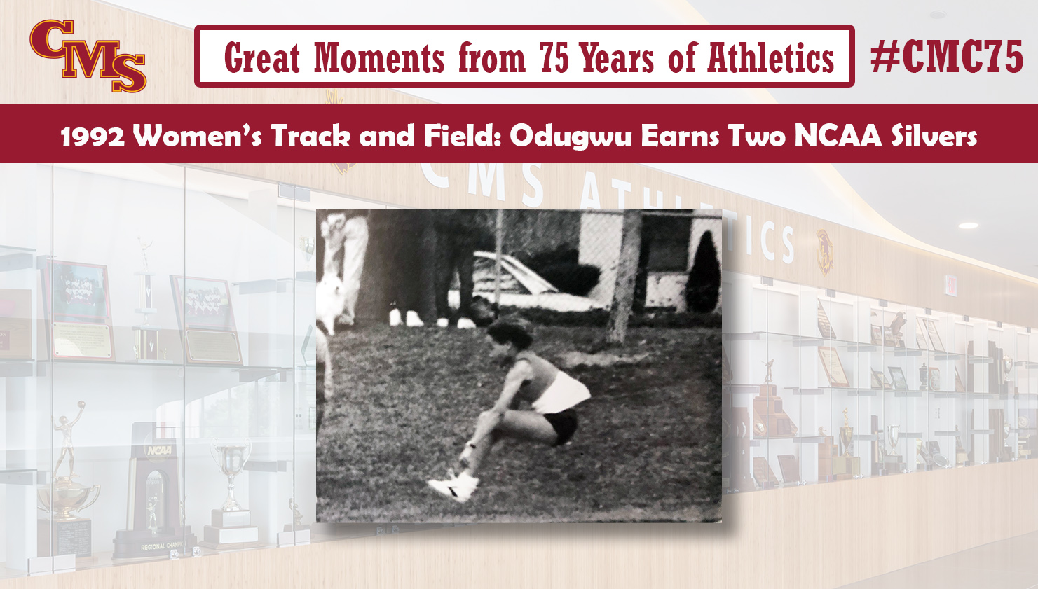 Ngozi Odugwu action shot. Words over the photo read: Great Moments from 75 Years of Athletics: 1992 Women's Track and Field: Odugwu Earns Two NCAA Silvers