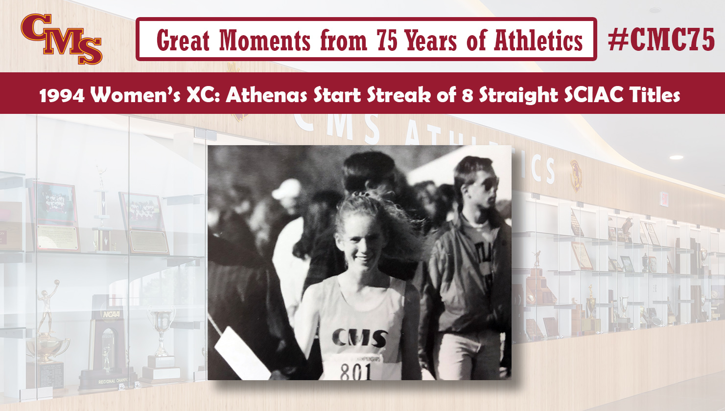 Jen Stuart smiling after the NCAA Championships. Words over the photo read: Great Moments from 75 Years of Athletics, 1994 Women's XC: Athenas Start Streak of 8 Straight SCIAC Titles