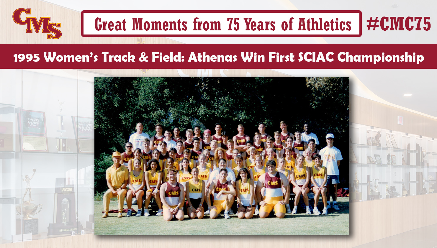 Heather Schroder in action. Words over the photo read: Great Moments from 75 Years of Athletics. 1995 Women's Track and Field: Athenas Win First SCIAC Championship