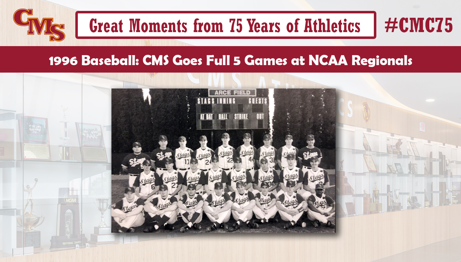 Team shot of the 1996 Baseball team. Words over the photo read: Great Moments from 75 Years of Athletics. 1996 Baseball: CMS Goes Full 5 Games at NCAA Regionals