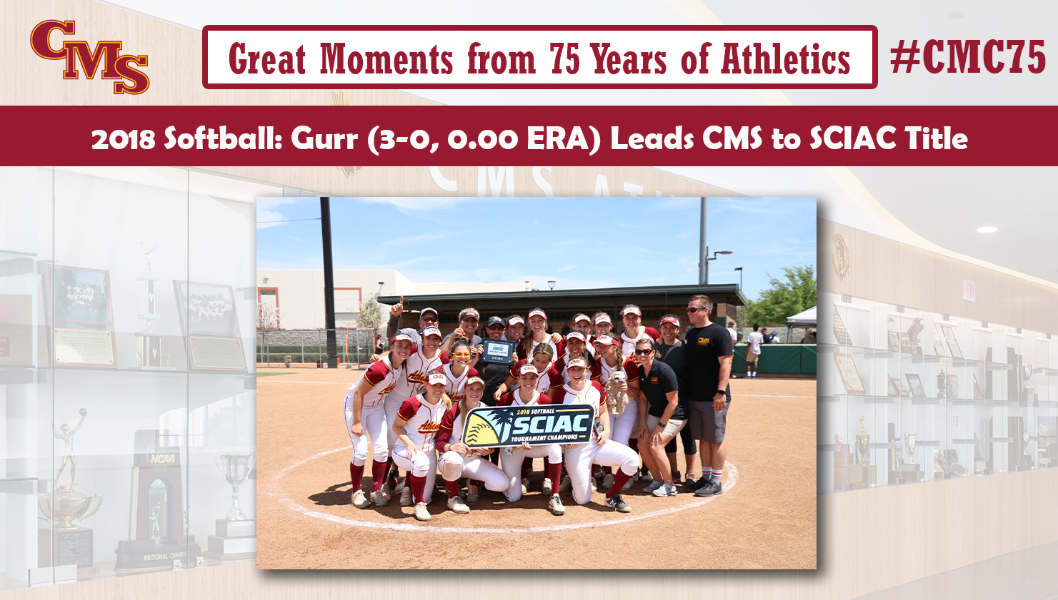 The Athenas celebrating with the SCIAC Championship banner. Words over the photo read: Great Moments from 75 Years of Athletics. 2018 Softball: Gurr (3-0, 0.00 ERA) Leads CMS to SCIAC Title