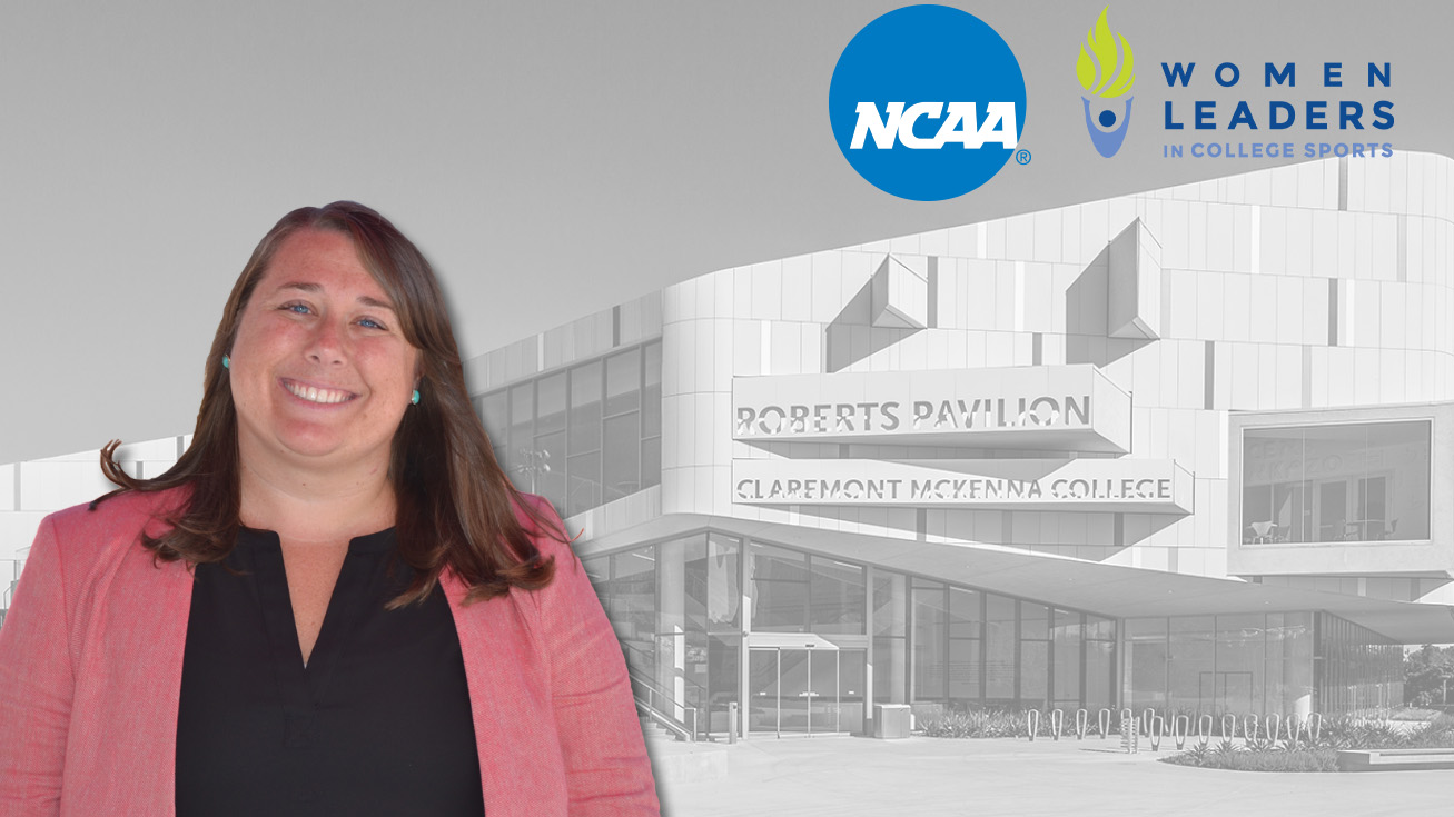 A head shot of Nikki Ayers superimposed in front of Roberts Pavilion. An NCAA logo and a Women Leaders in College Sports logo are also superimposed