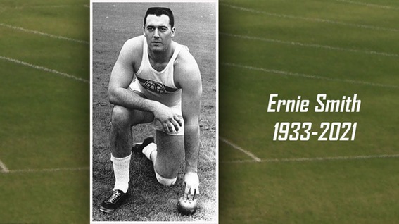 Photo of Ernie Smith with CMS track and field (accompanied by the words Ernie Smith 1933-2021)