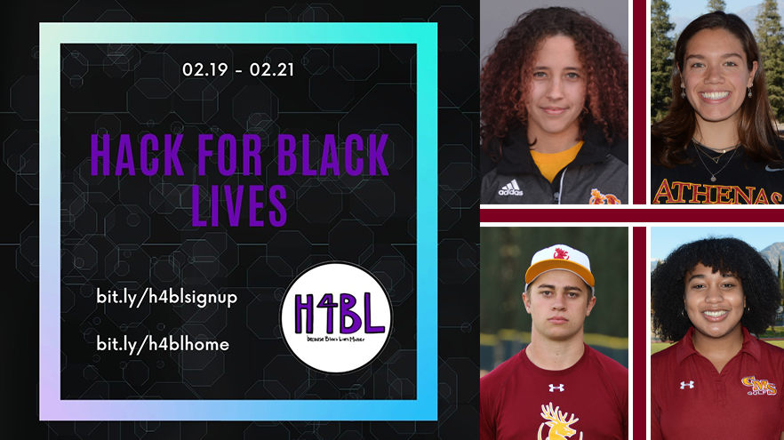 Head shots of (clockwise from top left) Natasha Crepeau, Kira Favakeh, Camille Simon and Ben Hinthorne with a Hack for Black Lives logo 