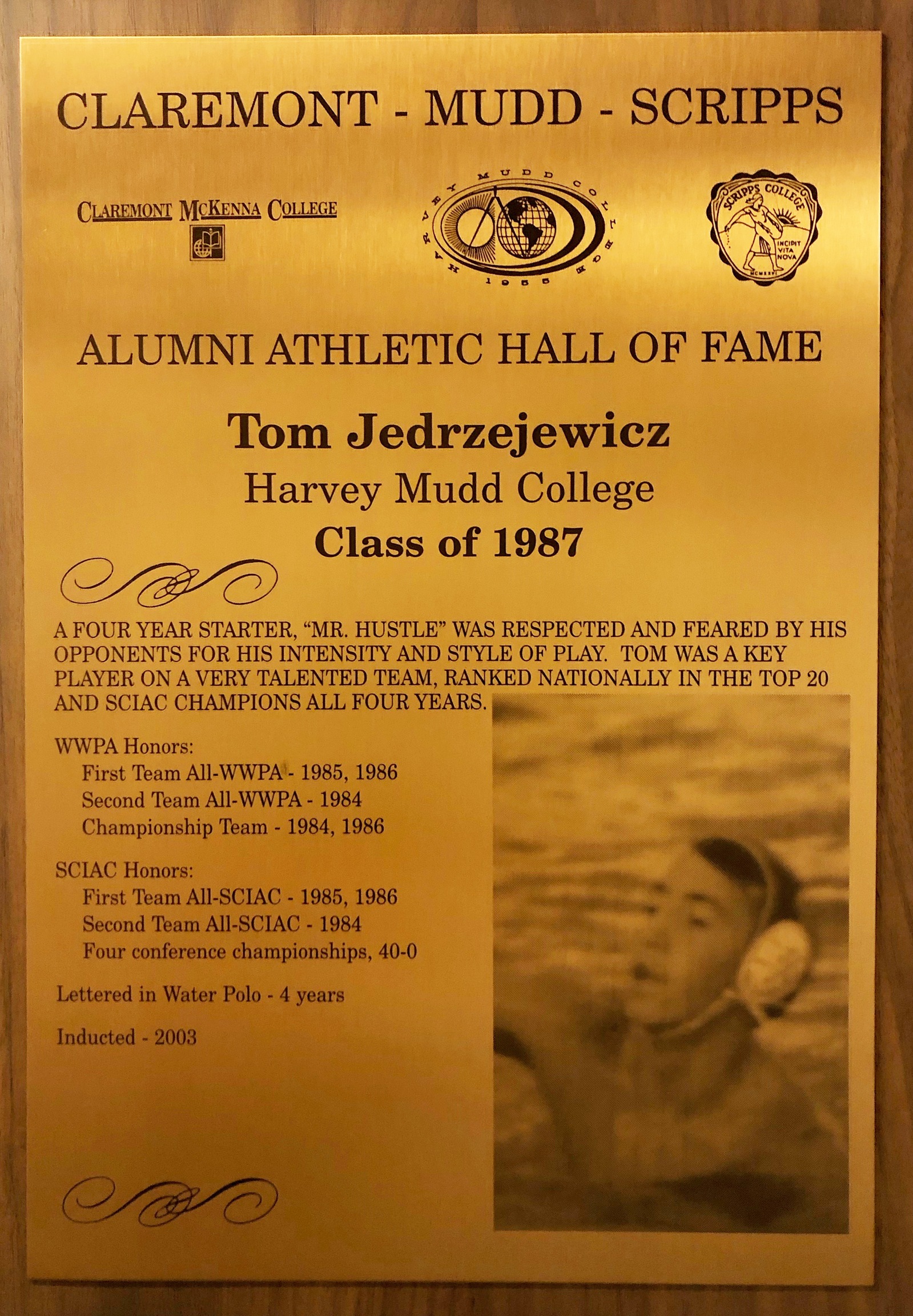 Tom Jedrezjewicz Hall of Fame plaque