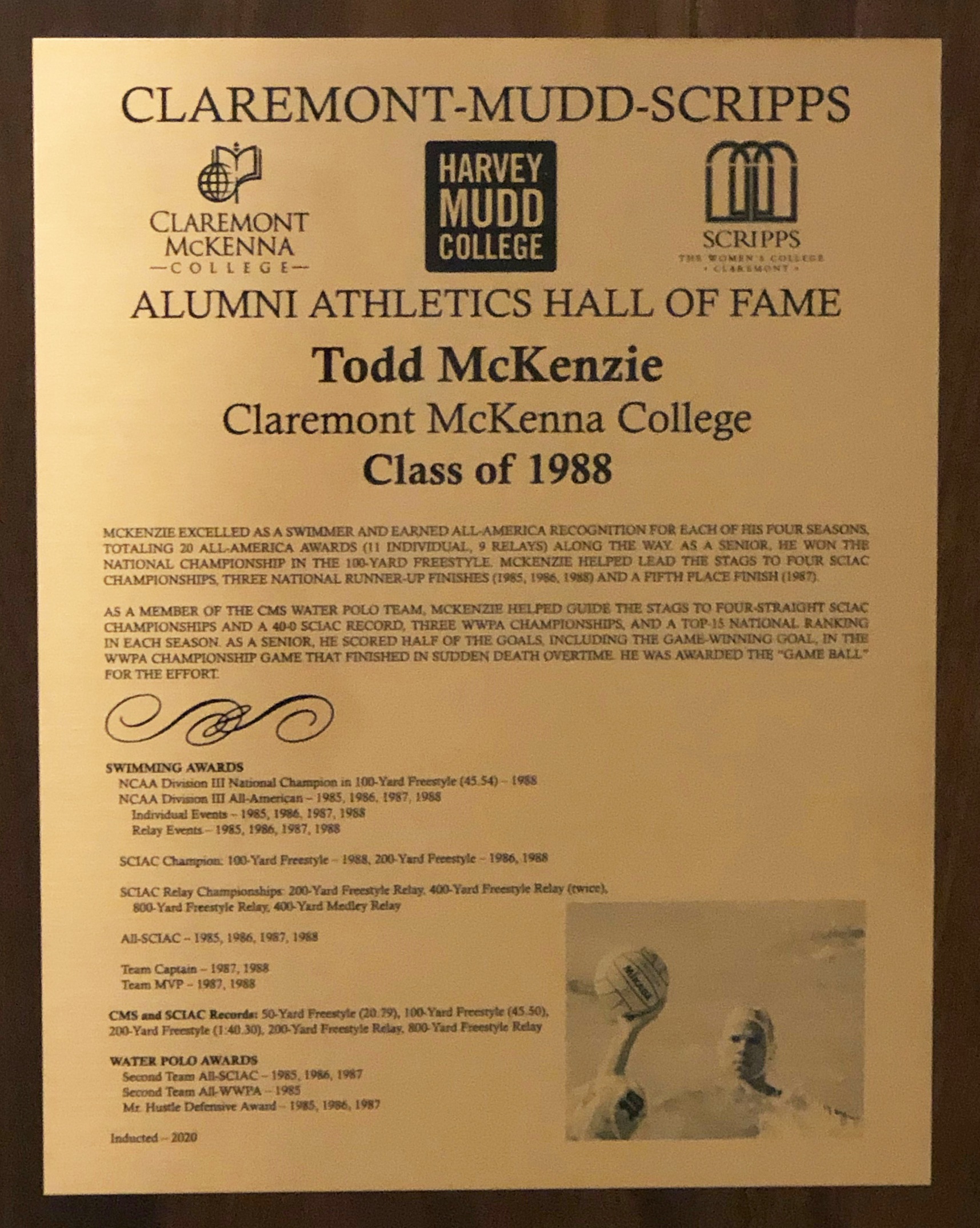 Todd McKenzie Hall of Fame Plaque