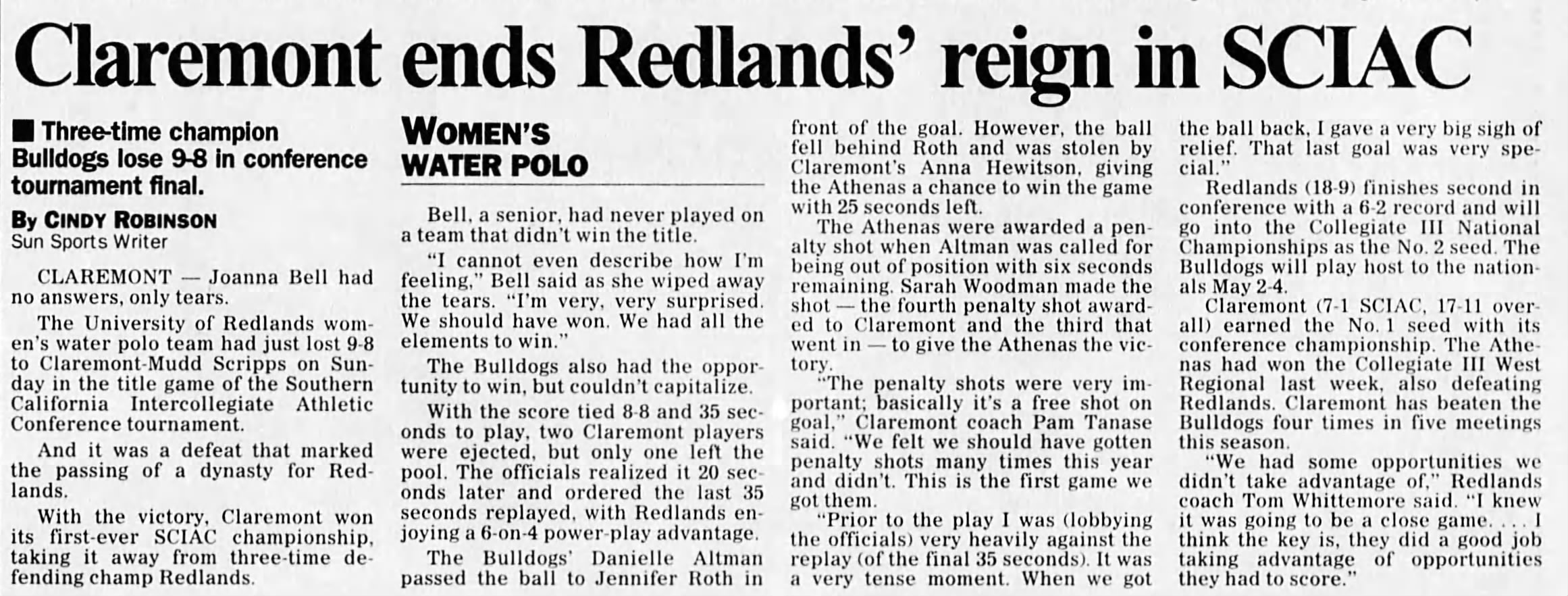 Newspaper clipping with headline "Claremont ends Redlands Reign in SCIAC" - for decorative purposes