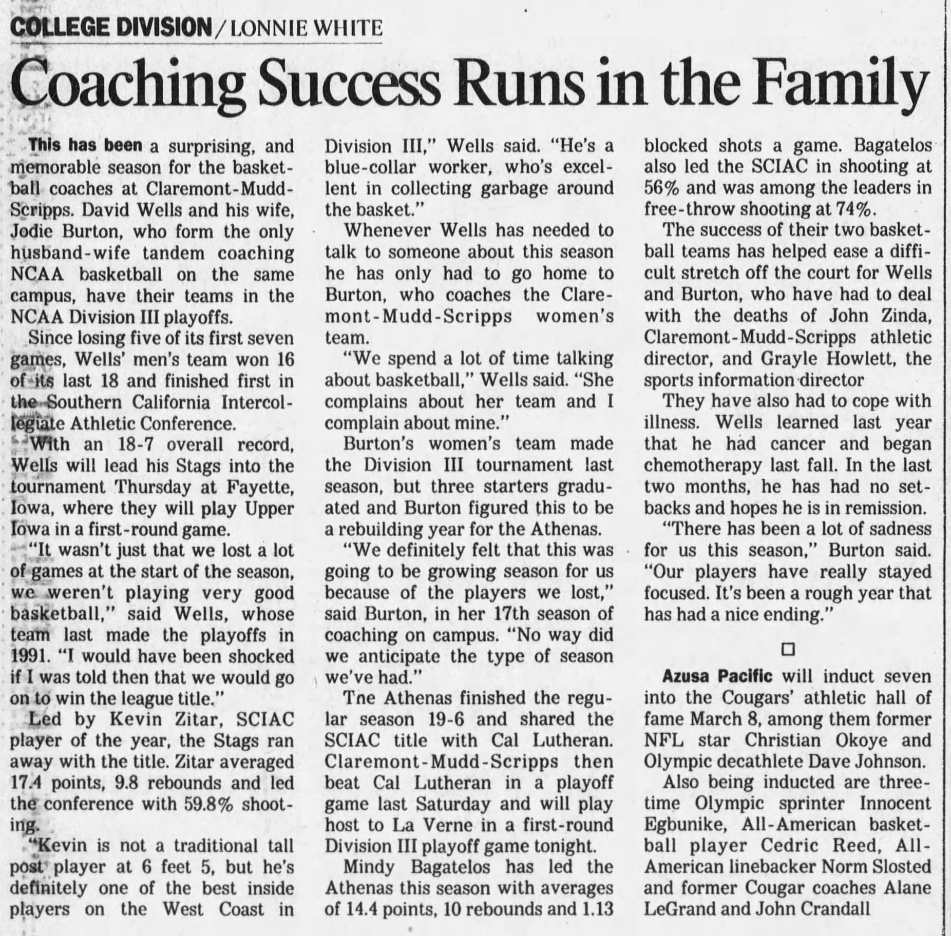 LA Times article with headline Coaching Success Runs in the Family (article posted for decorative purposes)