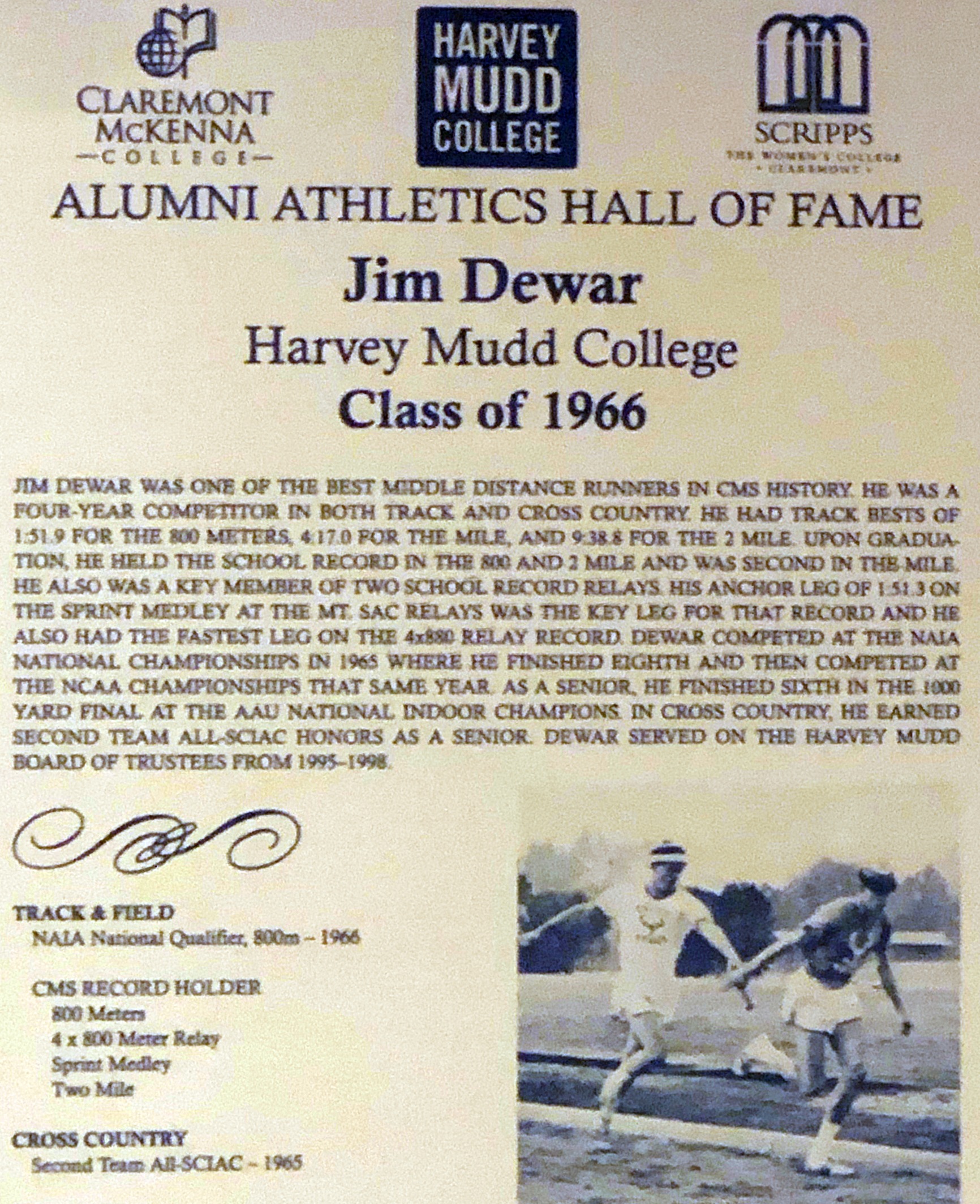 Jim Dewar Hall of Fame plaque