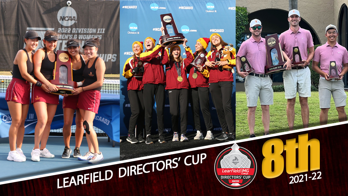 Women's tennis, women's cross country and men's golf with their NCAA trophies, along with Learfield logo