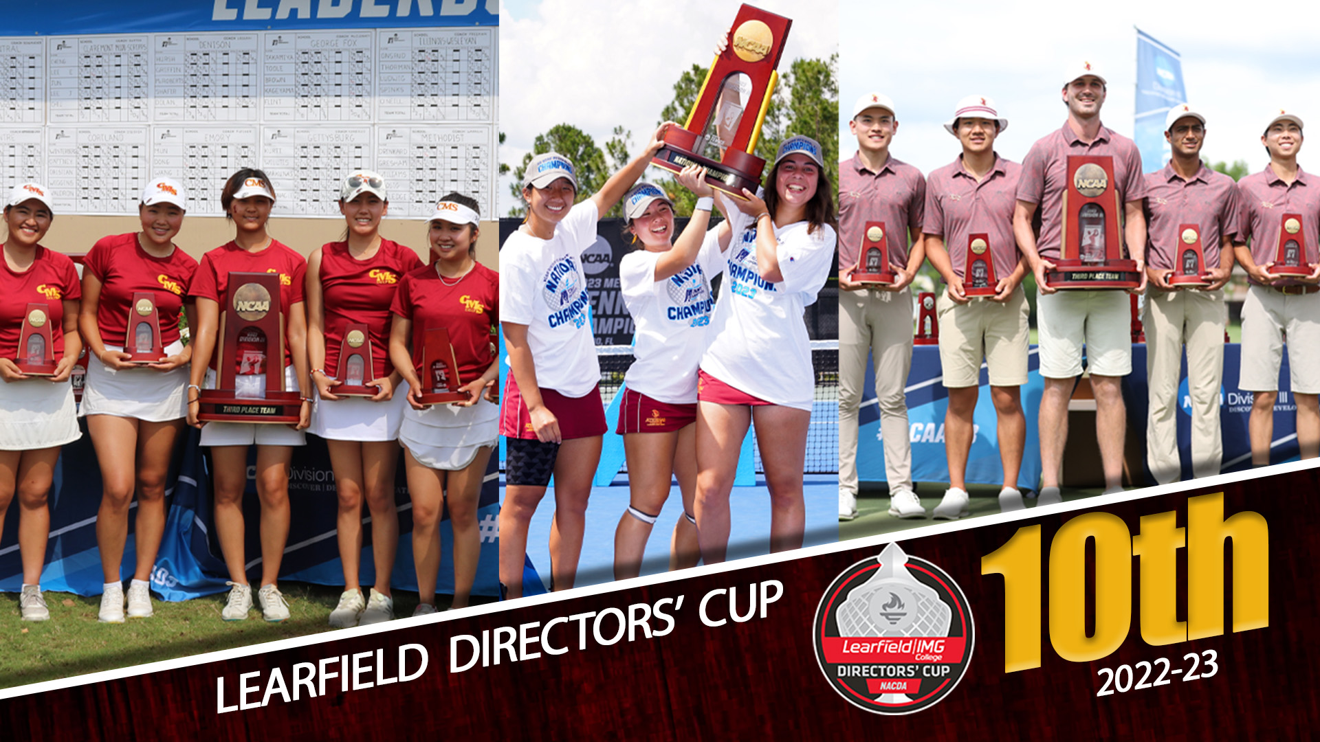 L to R: women's golf (third), women's tennis (first) and men's golf (third) with their NCAA trophies