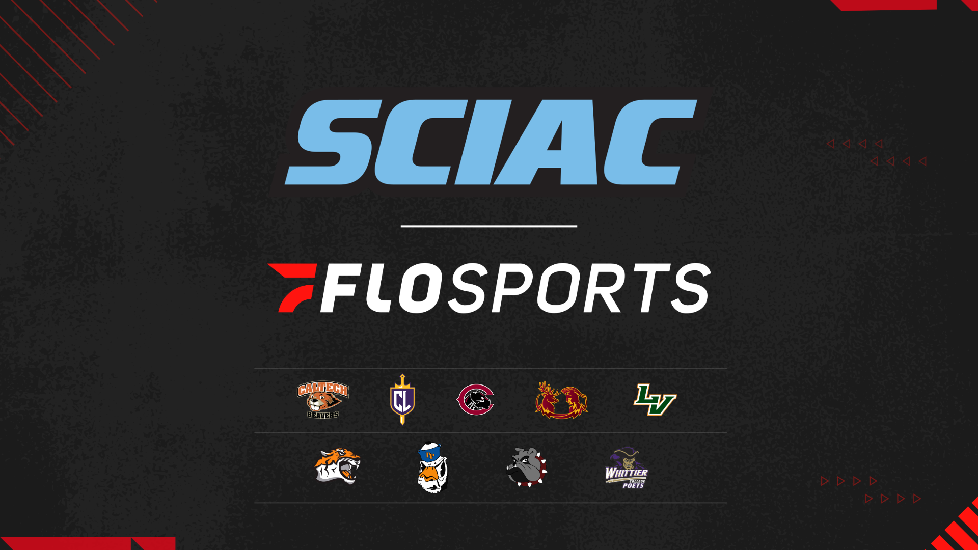 The SCIAC logo, the FloSports logo, and the nine SCIAC athletic team logos
