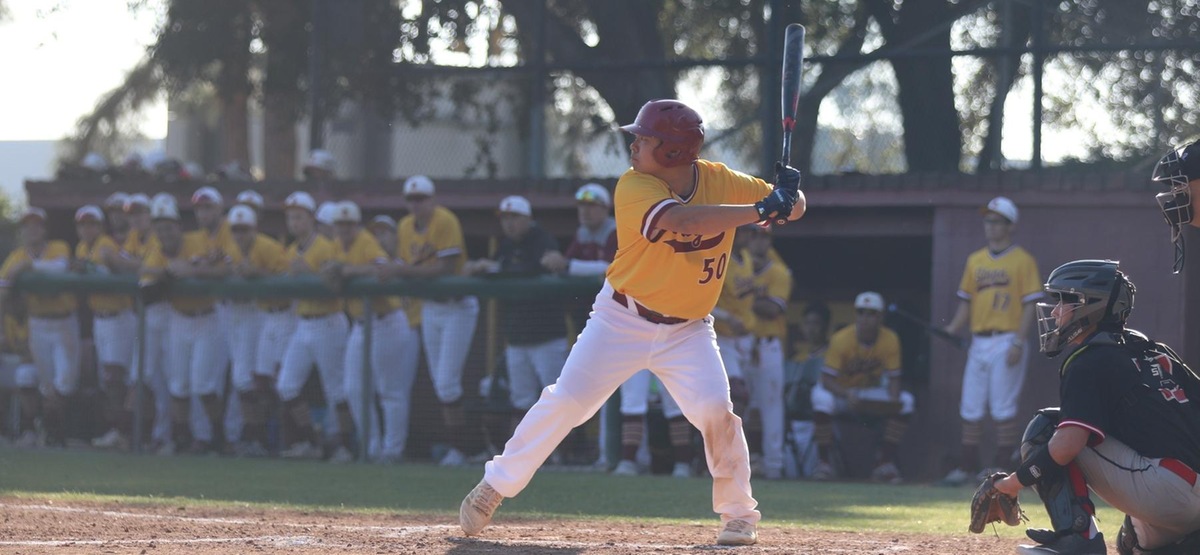 Sophomore Brandon Rho drove in five runs during the doubleheader sweep over Lewis & Clarke, including the game-winning two-run home run in the bottom of the 8th of Game 2. (Photo by student photographer Daniel Addison)